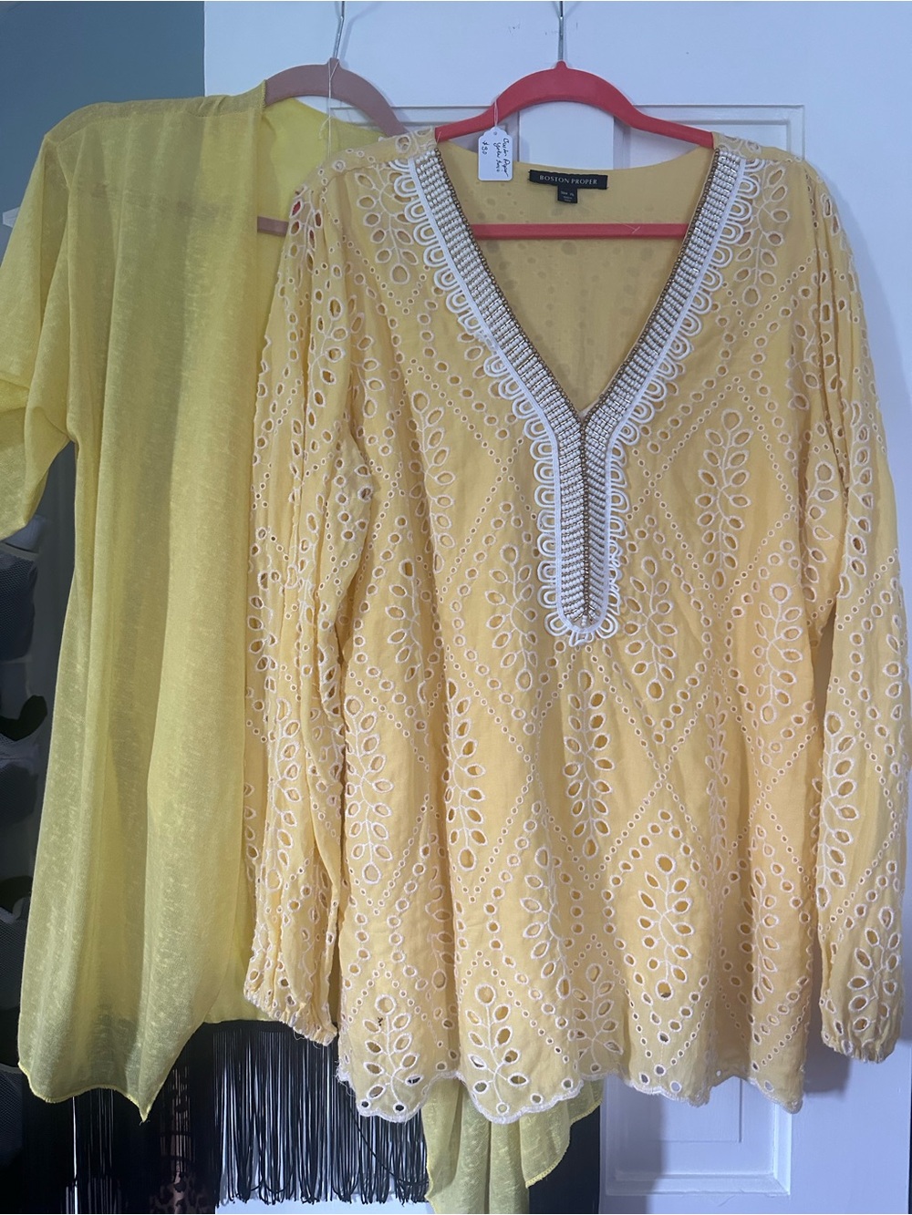 Boston Proper Yellow Embroidered Eyelet V‑Neck Tunic